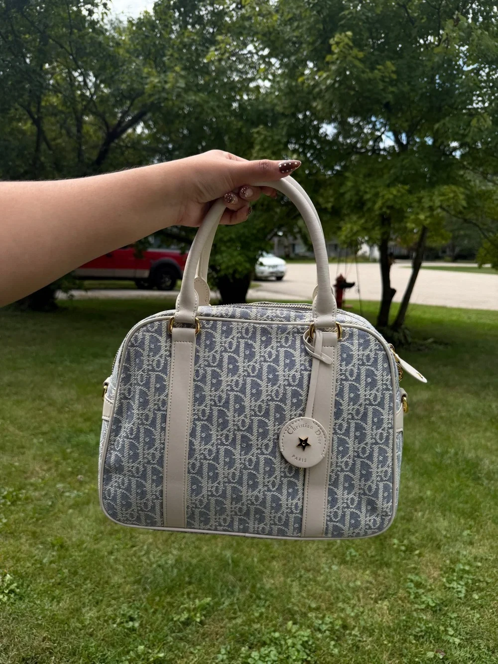 Blue Monogram Satchel with Cream Trim